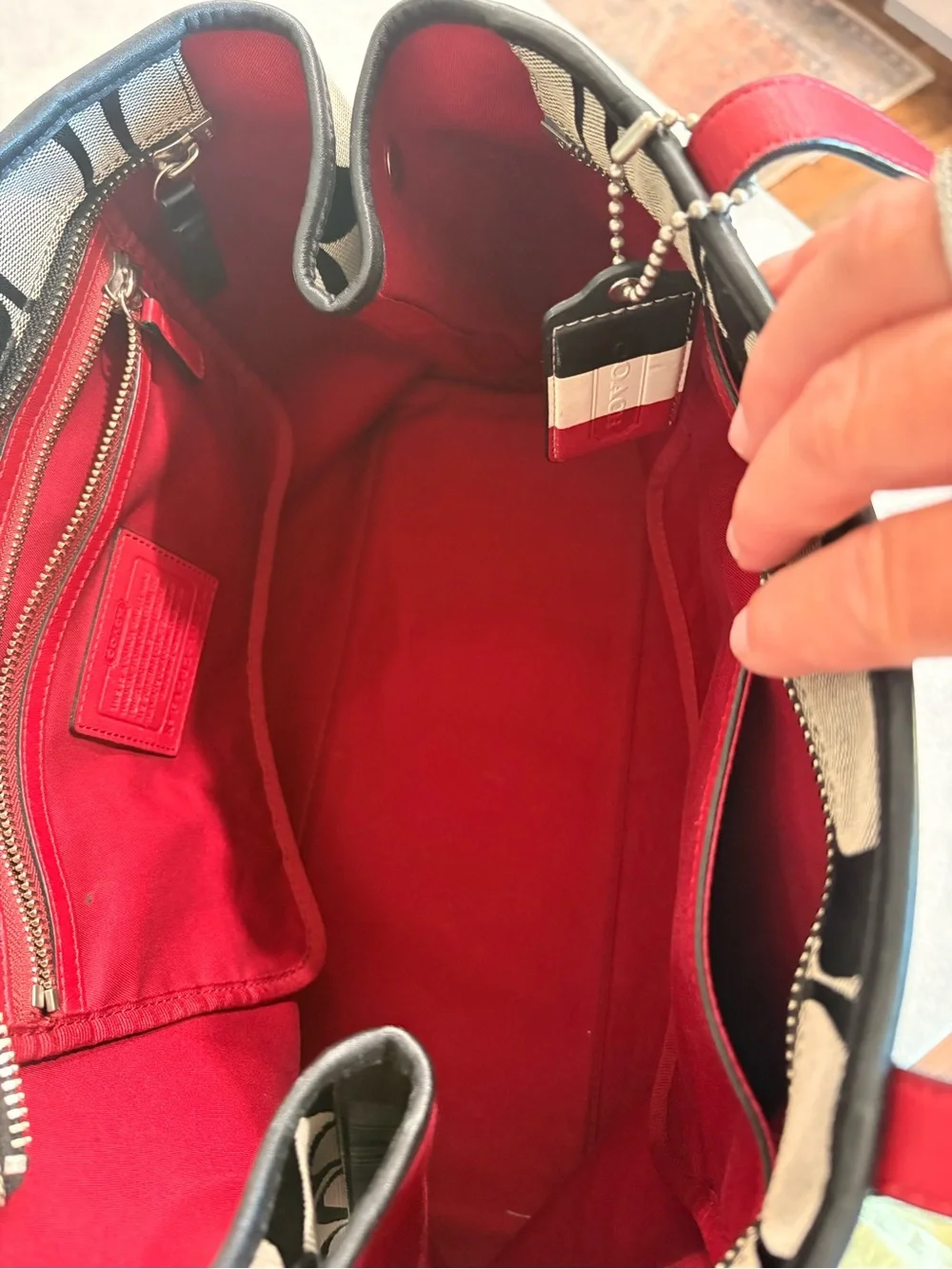 Coach Signature Stripe Tote Bag - Black, White & Red